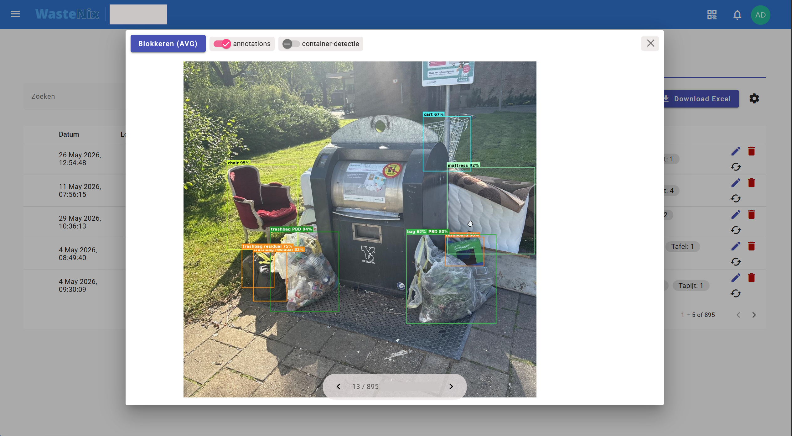 WasteWatch applicatie met detectie-overzicht